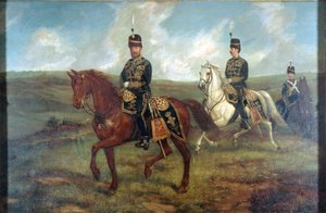 Le Prince de Galles (1841-1910) avec le lieutenant-colonel Valentine Baker (1827-87) passant en revue les 10e Hussards, Aldershot, 8 septembre 1871, vers 1871 (huile sur toile montée sur panneau)